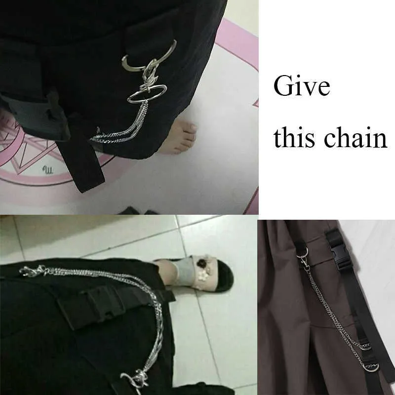 Alta cintura solta uma linha de cargas cargo chain lateral anel pocket midi longo saia preto coreano hip hop streetwear harajuku oversize 210629