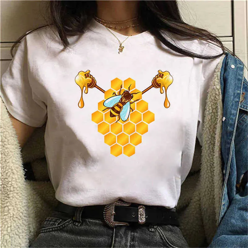 T-shirt femmes kawaii abeille imprimé à manches courtes t-shirt décontracté ample femmes t-shirt col rond t-shirt drôle graphique t-shirts haut X0527