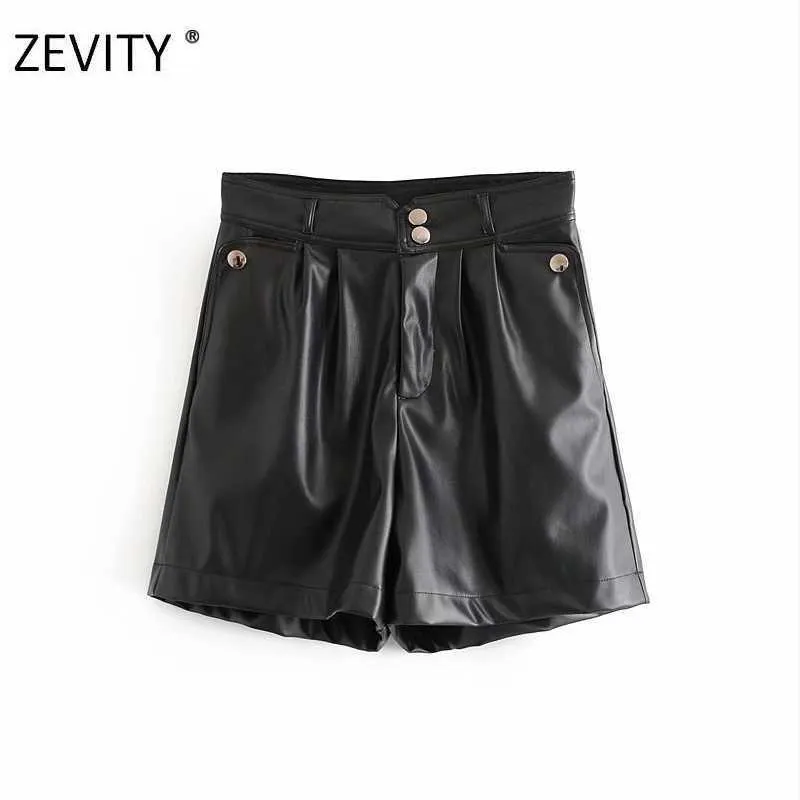 Zevity Damen Mode Knöpfe PU Leder Shorts Damen Taschen Chic Reißverschluss Fly Casual Slim Shorts Pantalone Cortos P923 210603