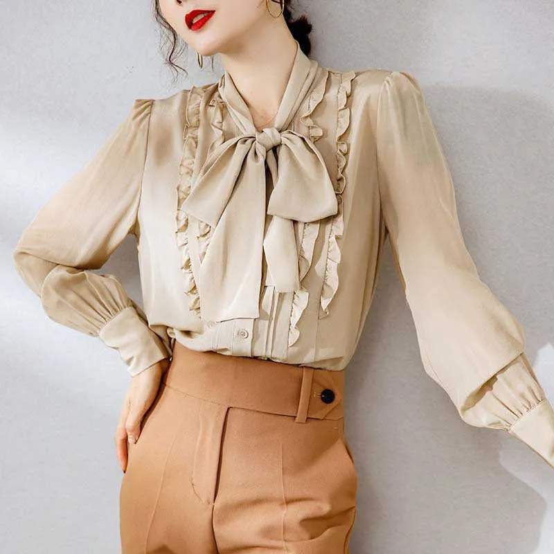 Lyx 100% Real Silk Blusar Kvinnor Spring Designers Bow Collar Ruffles Office Lady Shirts Femininos Blusas Lossa Toppar 210601