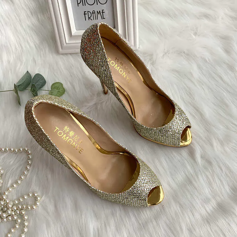 TOMONYE light glitter shinny peep toe women extremely thin high heel pumps with platform custom made spring autumn summer shoes 210610