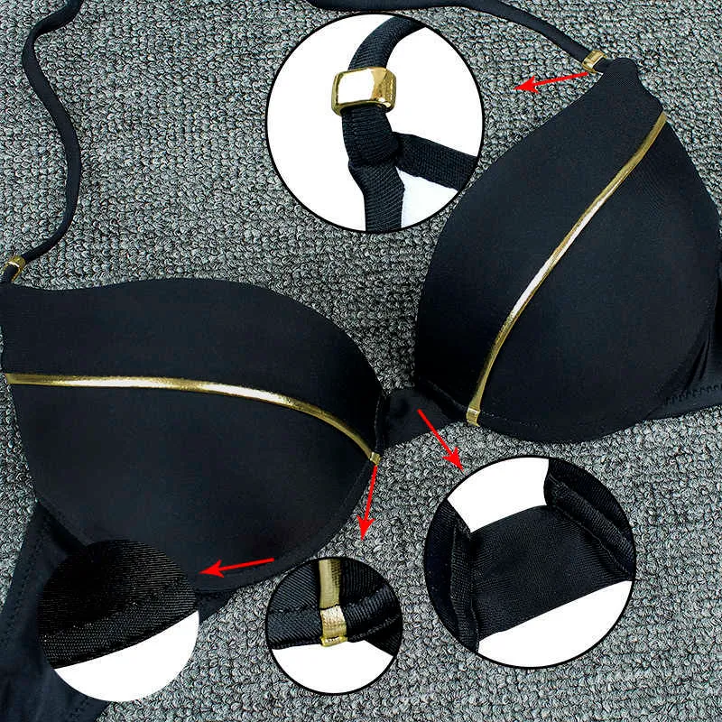 Plus Size Sexy Solid Black Bikini 2021 Badeanzug Push Up Bikinis Set Bademode Frauen Beachwear Badeanzug Zwei Stück Biquini XL Y0820