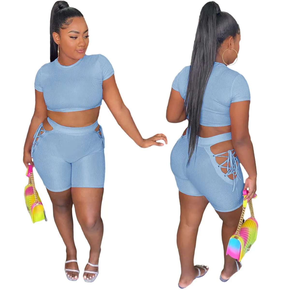 Women Tracksuits Summer Shorts Sets Two Piece Pants Solid Color Summer Fashion Casual Strap Rib 5-color Sports Short Sleeve