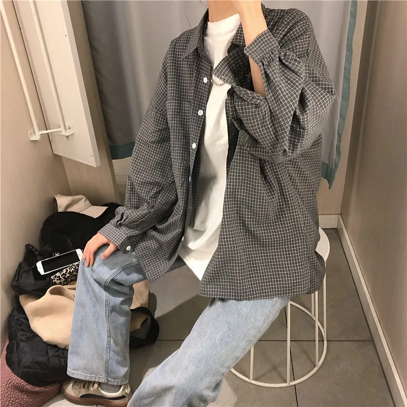 Autumn Loose Women's Blouse Vintage Plaid Lapel Single-breasted Shirt Elegant Casual Oversize Wild Tops Female 210428