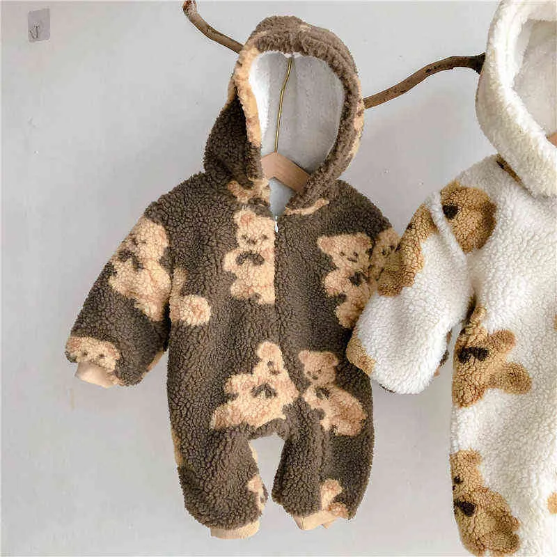 Winter born Baby Cartoon Bear Print Fleece Thicken Rompers Hooded Infants Boy Warm Clothes Kids Toddler Girls Jumpsuits 211229