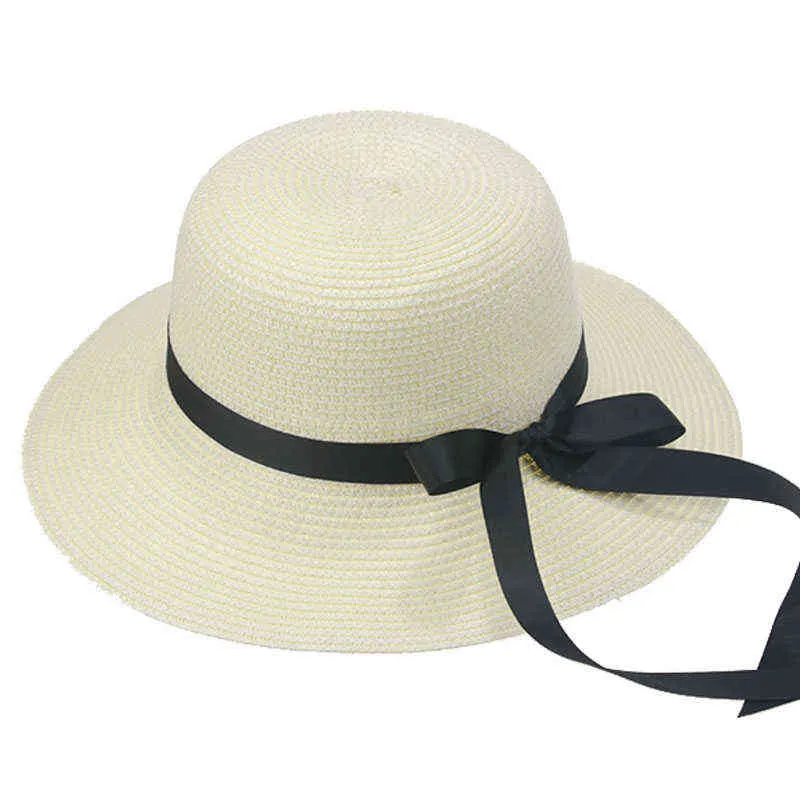 Kvinnor Sommarhattar Bucket Hat Sol Straw Buckets Mössor För Kvinnor Bowknot Casual Formell Sun Protection Straw Hat Sombreros de Mujer G220301