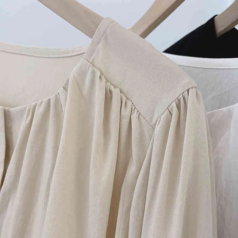 Otoño invierno cuello redondo plisado linterna manga dama tops elegante simple sólido blusa de algodón blanco blusas mujer 12325 210521