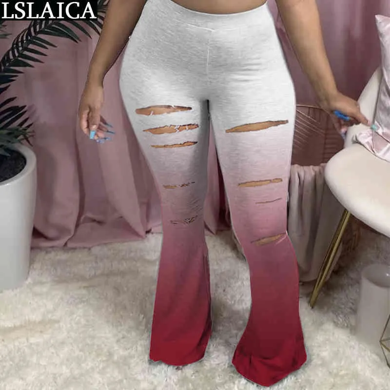 Seksi Pantolon Kadın Kravat Boya Baskı Delik Bayanlar Orta Bel Pantolon Streetwear Moda Flare Rahat Kadın Artı Boyutu 210515