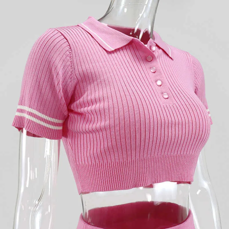 Colysmo Ribbed Stickad Mini Skirt Två Piece Set Kvinnor Kortärmad Crop Top Bodycon Kjolar Blå Sommarkläder 2 210527