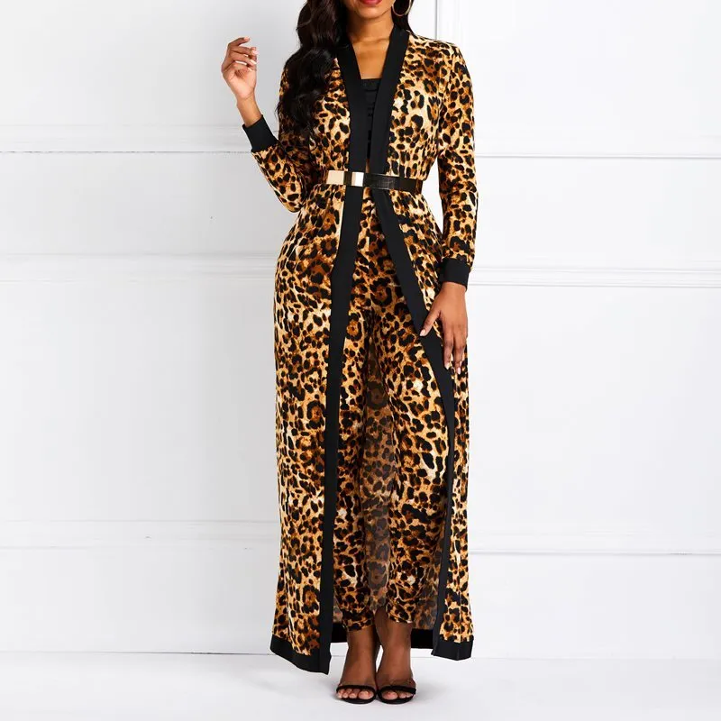 Clocolor Mulheres Terno Conjuntos Sexy Leopardo Imprimir Senhoras Primavera Outono de Manga Longa Coat Pantsuits Casual Moda Calças Roupas X0428