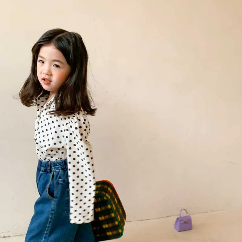 Primavera estilo coreano bebé niñas lunares princesa manga camisas niños moda cuello vuelto largo suelto Tops 210615