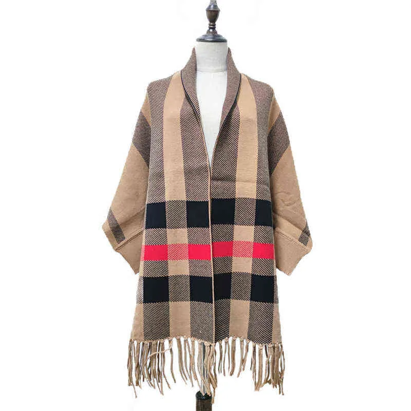 ZJZLL Mode Longue Frange Multicolore Hiver Chaud Châle Et Wrap avec Manches Plaid Tricoté Pashmina Rayé Cape Pull Poncho Y304R