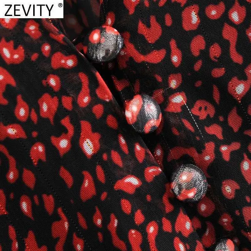 Zevity Women Vintage V Neck Plues Puff Sleeve Leopard Drukuj Midi Sukienka Lady Striped Casual Slim Retro Party Vestido DS4730 210603