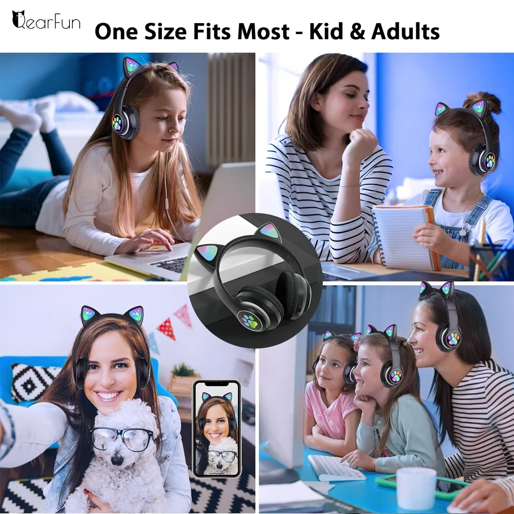 فلاش LED Kid Girl Music خوذة لاسلكية لطيف Cat أذن سماعة رأس Bluetooth مع ميكروفون سوار يونيكورن سماعة رأس هدية 9391676