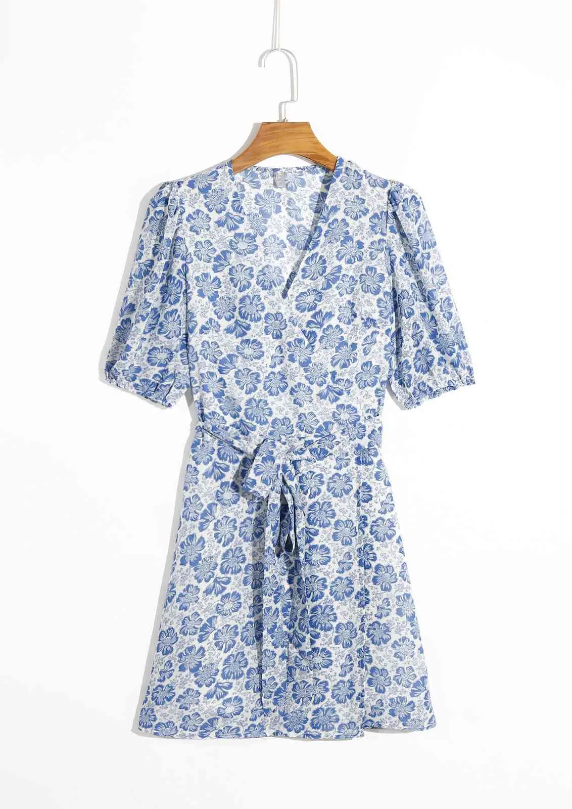 Vintage français femmes col en V Hit couleur Flowerl imprimé robe portefeuille été élastique manchette simple boutonnage boutonné une pièce 210429