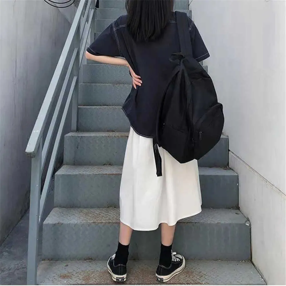 Prosta czarna gotycka podstawowa długa spódnica koreańska elastyczna wysoka talia luźna spódnica dzika ładunek Kobiety Summer White A-Line Spódnica Streetwear 210619