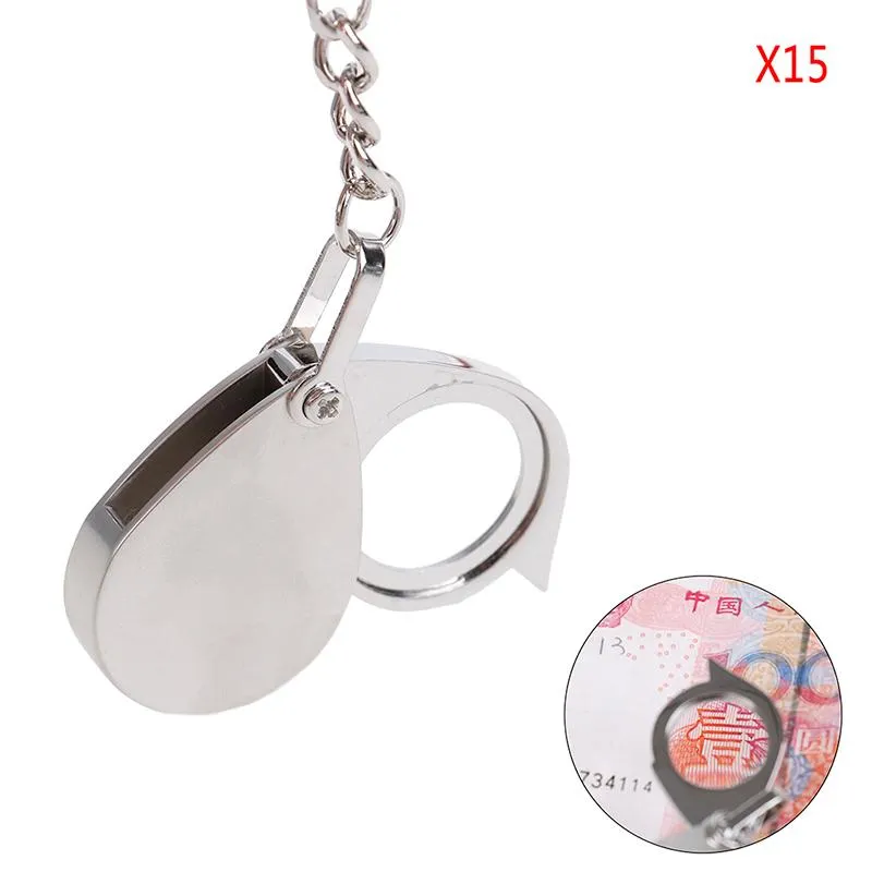 Keychains Handheld Loupe Folding Pocket 10X 15X Magnifier Magnifying Glass Lens With Keychain Portable Metal Silver Color277A