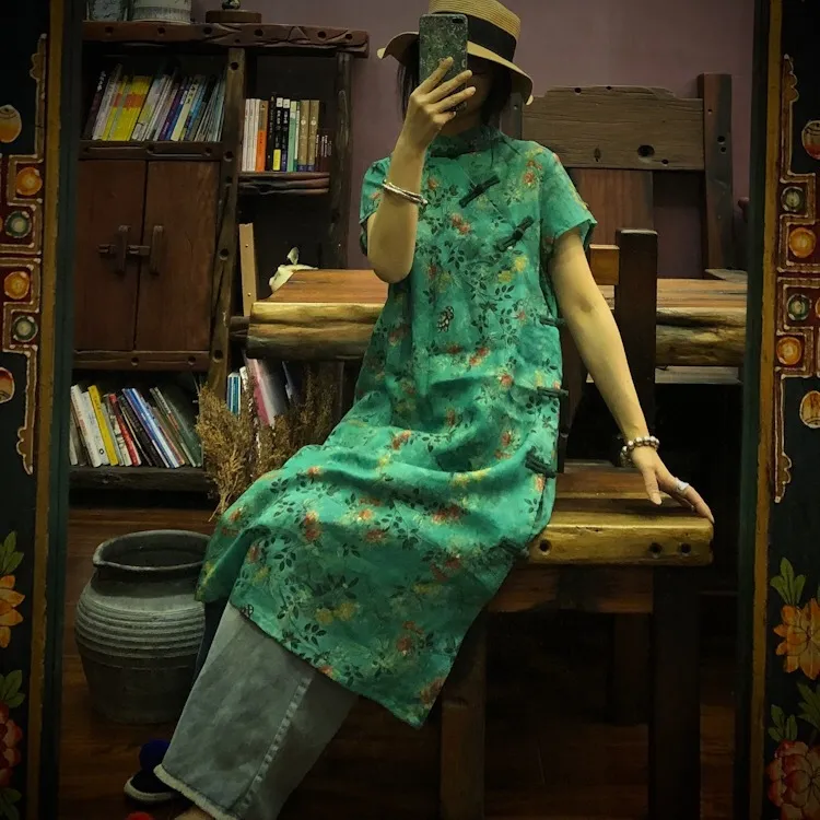 Johnature Vintage A-Line z krótkim rękawem Summer Sukienka Kolana Regular Stand Collar Casual Green Print Linen Kobiety Dress 210521