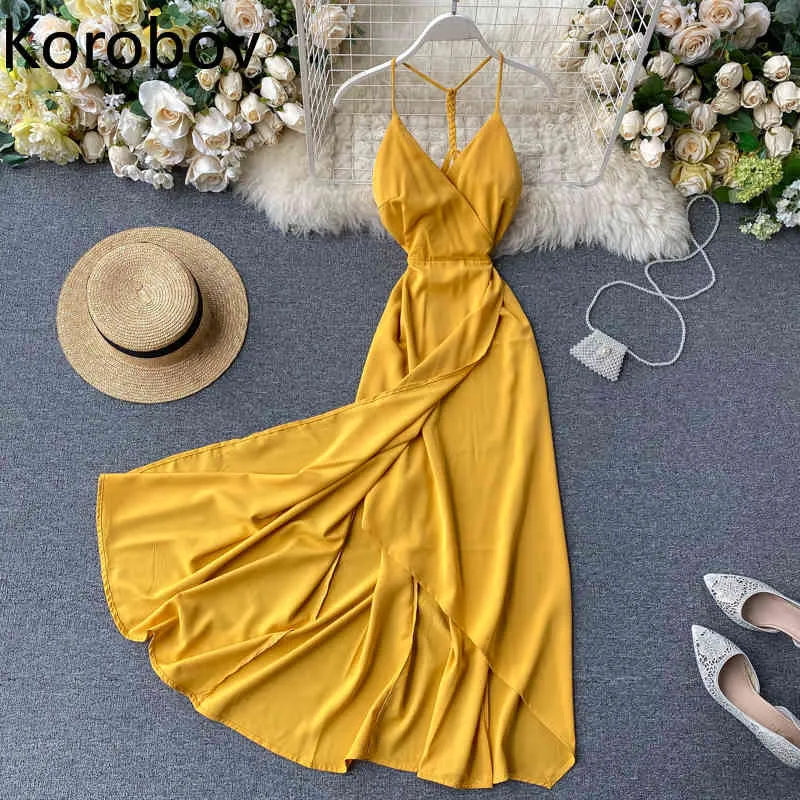 Korobov Koreansk V Neck Open Back Camis Lång Klänning Oregelbunden Split Design Ärmlös Lång Vestido Sexig Sommarsemester Ropa 2a736 210430