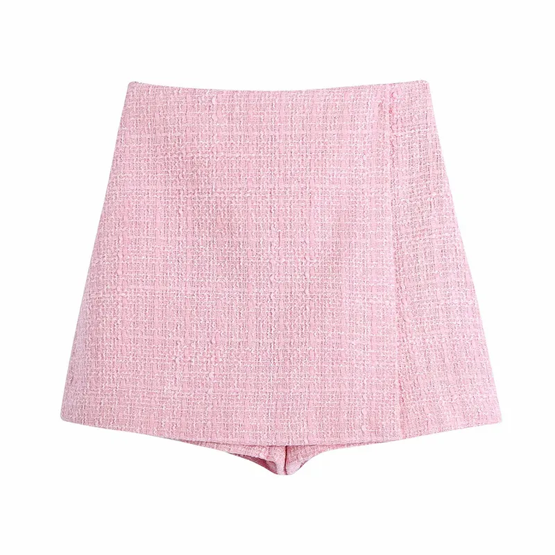 Xeasy kvinnor tvådelar set rosa tweed vintage office lady double breasted blazer kvinnlig smal hög midja culottes kjol kostym 220221