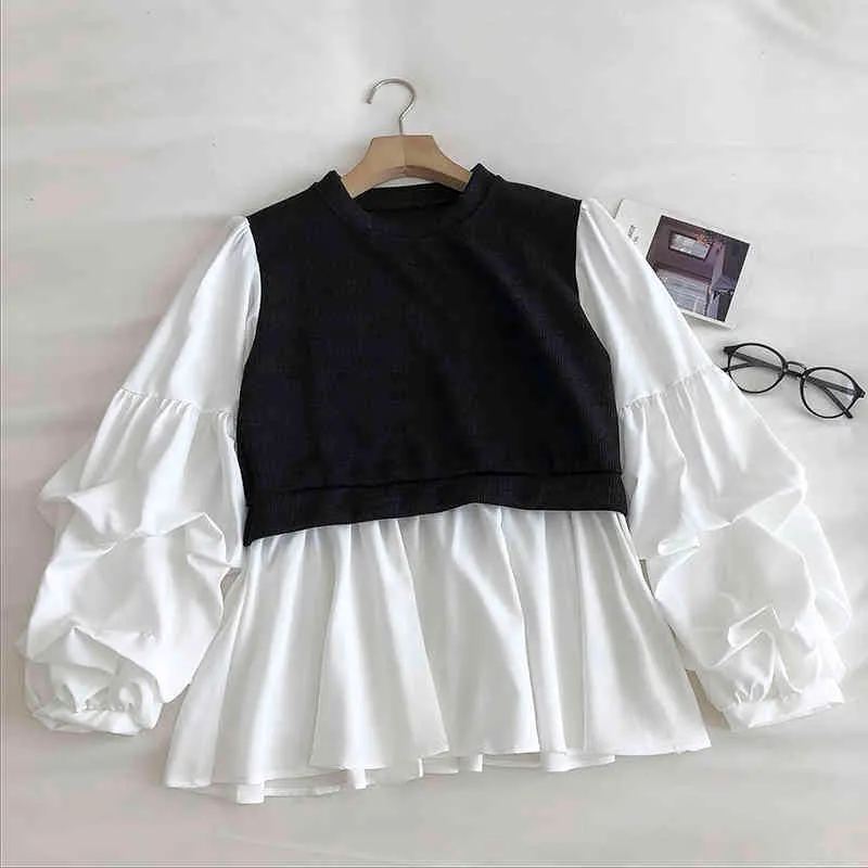Ezgaga Patchwork Shirts Dames Herfst Nieuw Nep Twee O-hals Puff Sleeve Tops Koreaanse Mode Dames Blouse Casual Kleding 210430