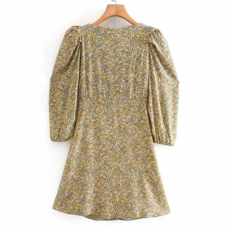 Kobiety Lato Vintage Koszule Sukienka Floral Print Puff Sleeve Przyciski Podszewka Mini Es Kobieta Elegancka Moda Vestido 210513