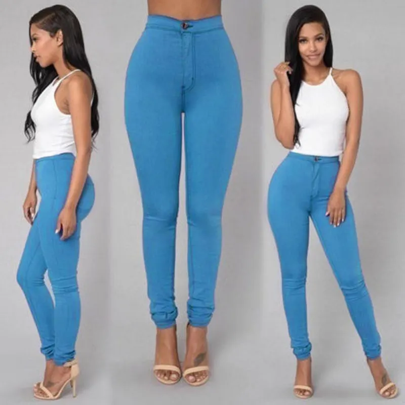 Kvinnor jeans mode solida leggings sexig fitness hög midja byxor kvinnlig vit svart blå mager kläder 210522