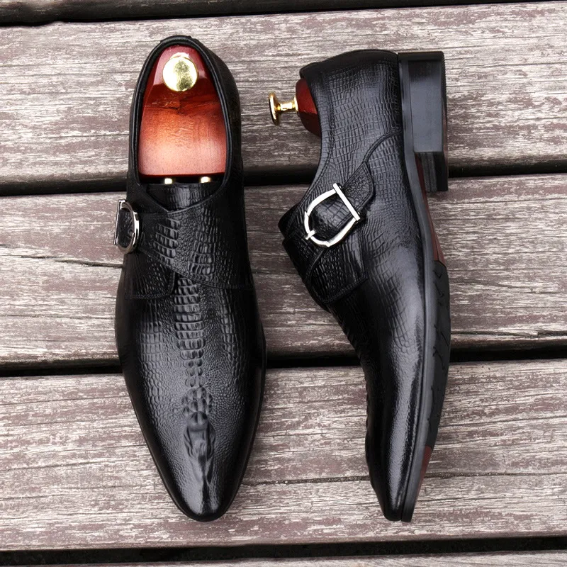 Crocodile Mönster Mens Wedding Monk Strap Dress Shoes äkta kalvläder formella skor dubbla spännen lyxiga spetsiga spetsskor