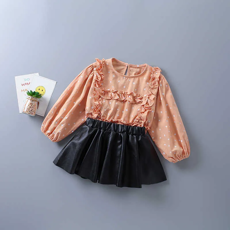 2-7 anos de alta qualidade menina vestuário conjunto outono moda bolinhas padrão camisa + saia de couro crianças crianças 210615
