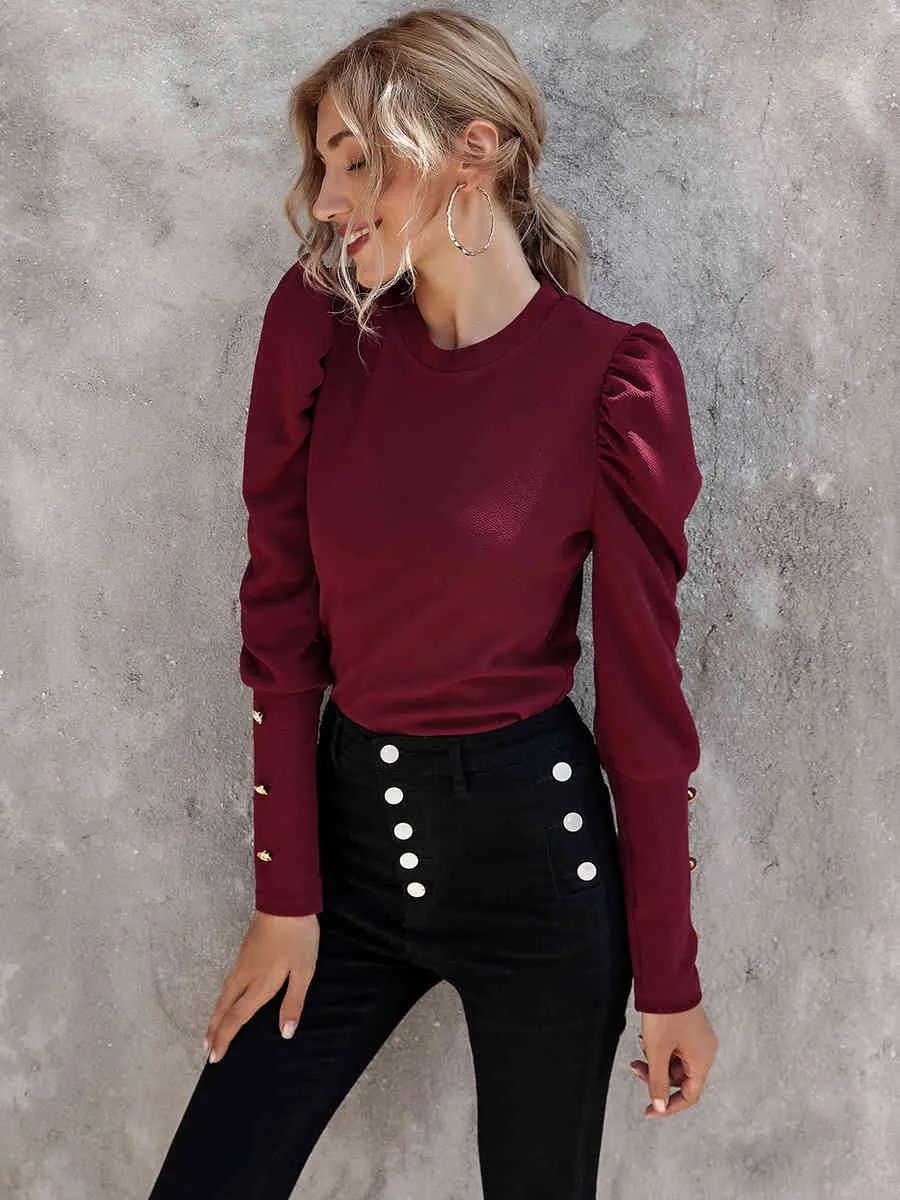 Chemisier à manches bouffantes élégantes Femmes Mode Tops Automne Hiver Femme Bureau Lady Bouton 210427