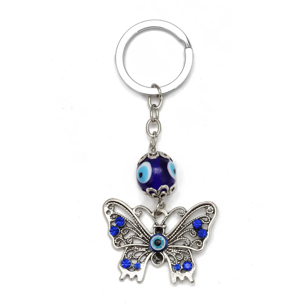 2021 Evil Eye Brelok Dla Kobiet Dziewczyn Ladies Niebieski Kryształ Butterfly Car Key Łańcuchy Pierścionek Torba Wisząca Tickets