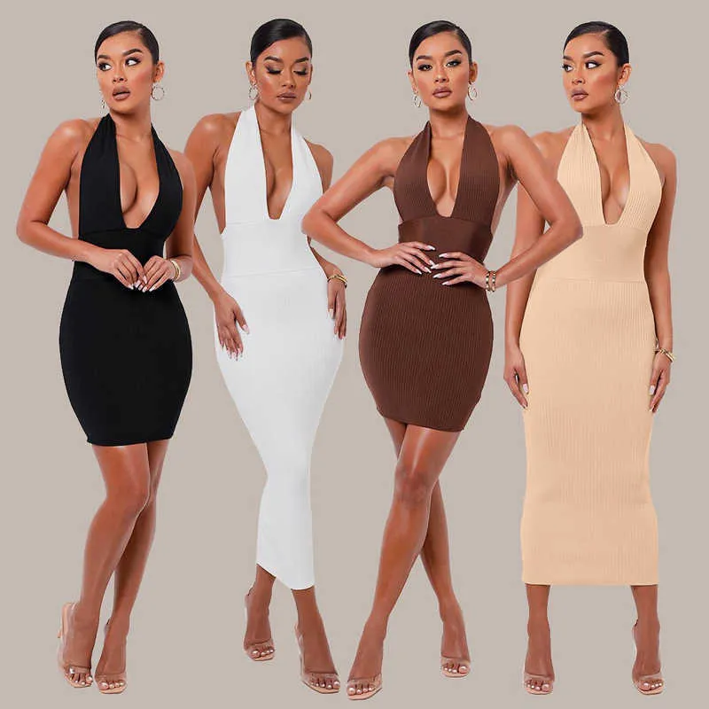 Deep V Low Cut Sexy Party Bodycon Dress Women Halter Hollow Out Bandage Lång Klänningar Backless High Wais Sticka Vestidos Robe Femme 210526