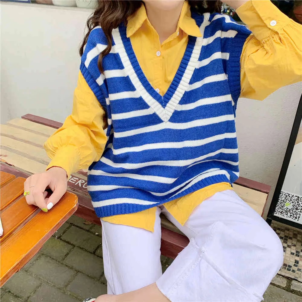 Übergroße gestreifte gestrickte Pulloverweste Frauen ärmellose V-Ausschnitt koreanische Vintage lose Mode weibliche Pullover Westen 210513