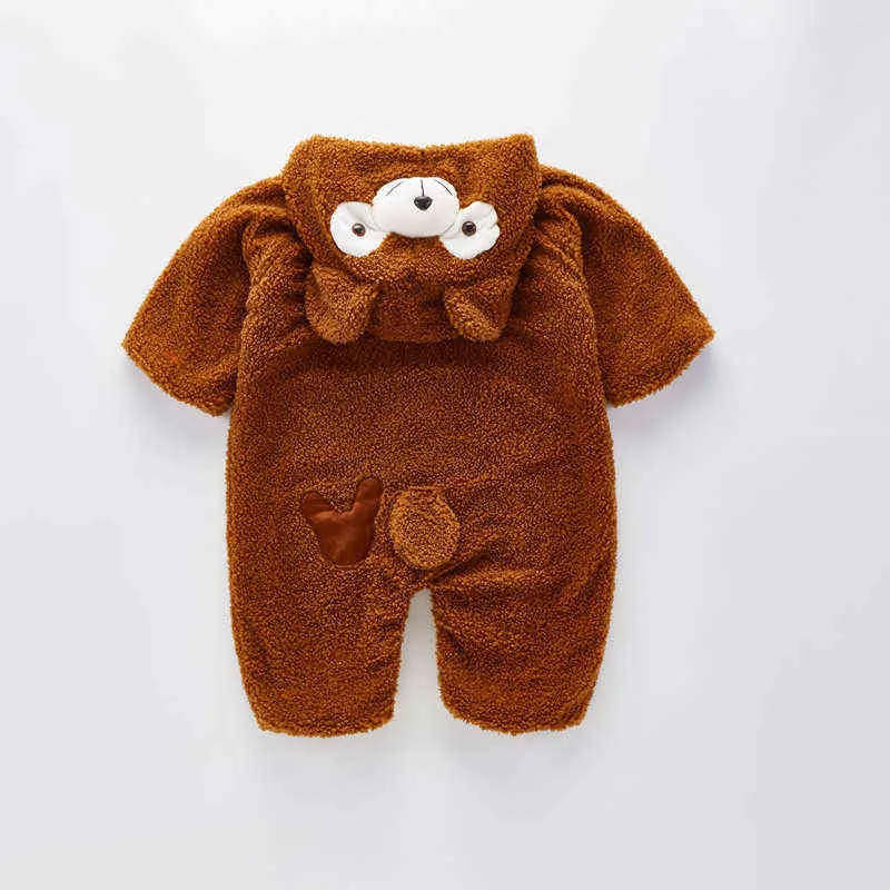 Baby Girl Roupas 2 Cores Bonito Urso de Pelúcia Romper Confortável Manter Quente Com Capuz Zipper Meninos 1-2 Ano Adesivos 211101