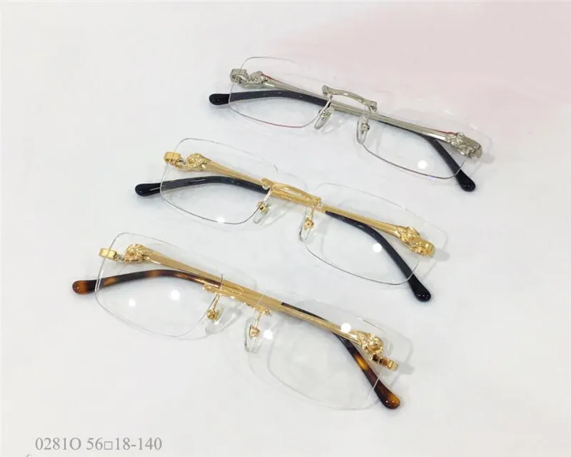 Novo design de moda óculos ópticos 0281 moldura quadrada sem aro lente transparente pernas de animais estilo simples vintage qualidade superior 239h