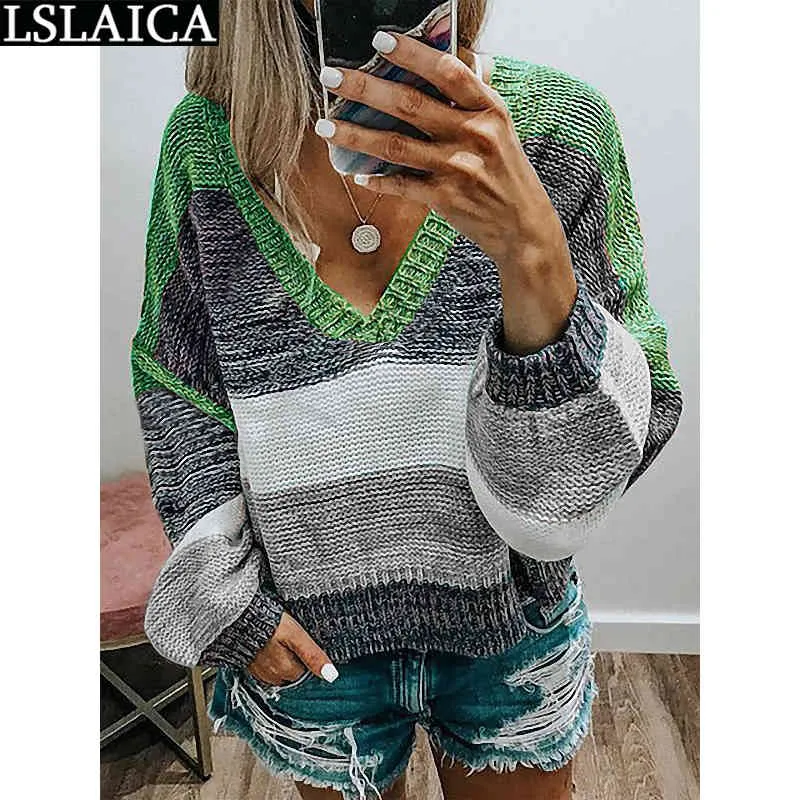 Pullover patchwork a righe vintage Maglioni donna Autunno Casual manica lunga scollo a V Maglione lavorato a maglia moda femminile Plus Size 210520