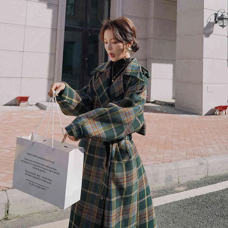 Vintage Plaid Verdicken Frauen Wolle Langen Mantel Outercoat Winter Warme einreiher Gürtel Koreanische Damen Mantel Femme 210513