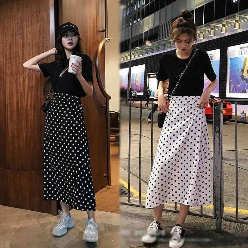 Women Summer Plus Size S-3xl Skirt Korean Vintage Polka Dot Slim High Waist A Line Midi Female Black White Red Streetwear 210708