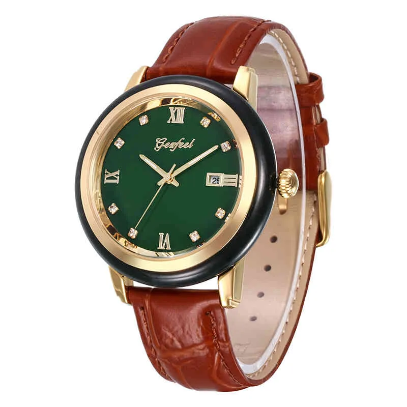 Women's Latest Watch Advanced movement Brown Leather Strap White Jade Outer Ring Waterproof Gift Box Reloj De Las Señoras