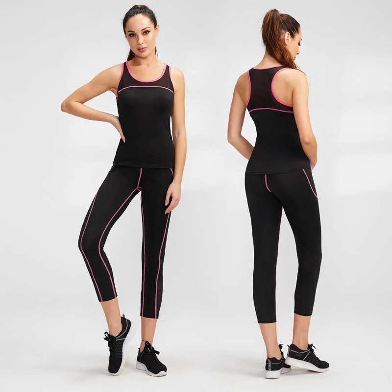 Frauen Fitness 2 Stück Anzug Yoga Sets Gym Kleidung Leggings + Sport Weste Laufhose Workout Sportswear Hosen XXL 210802