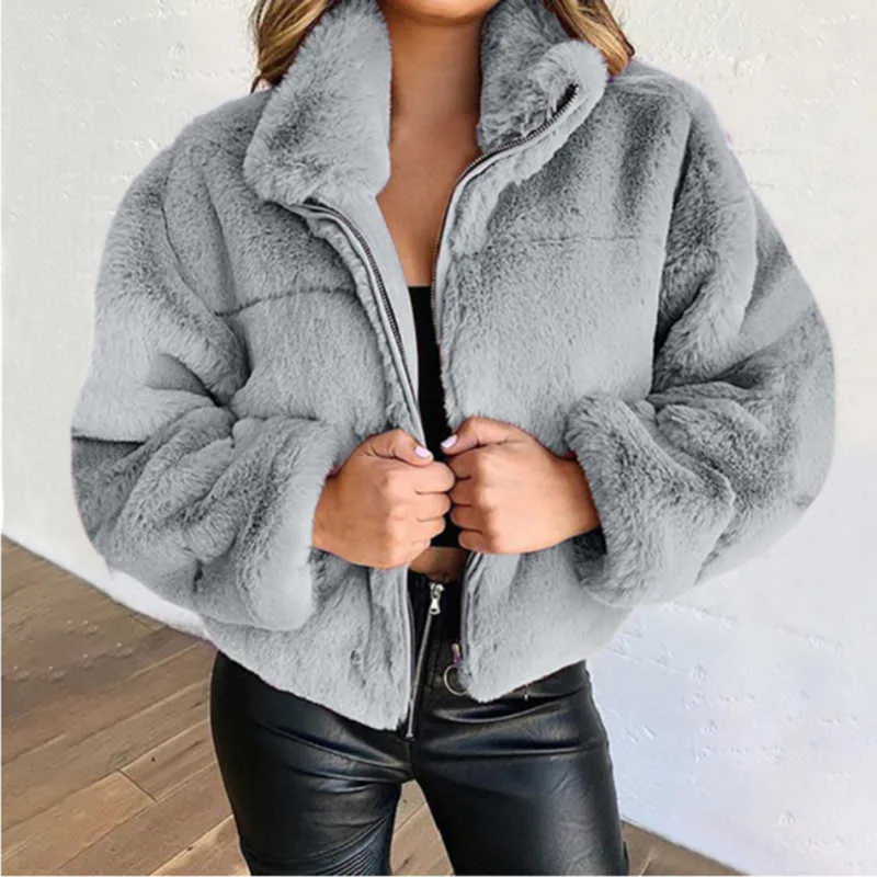 Teddy Coat Women Winter Faux Fur Thick Fluffy Pockets Plush Jacket Ladies Autumn Overcoat Outerwear 211008