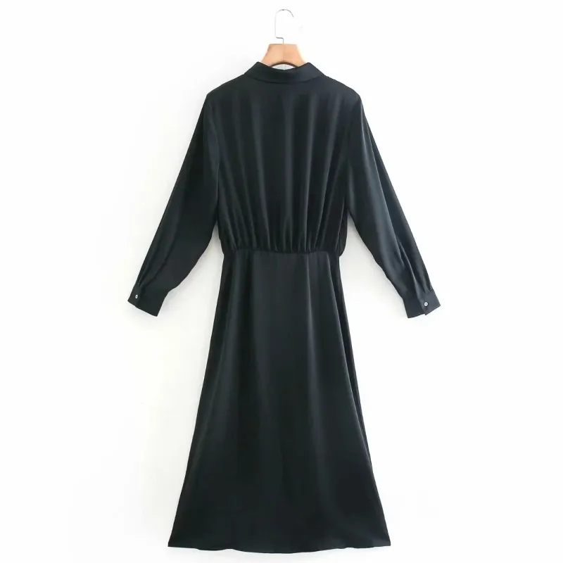 春の女性結び目の装飾ブラックサテンのミディシャツのドレス女性長袖の服カジュアルな女性の緩いvestido d7155 210430