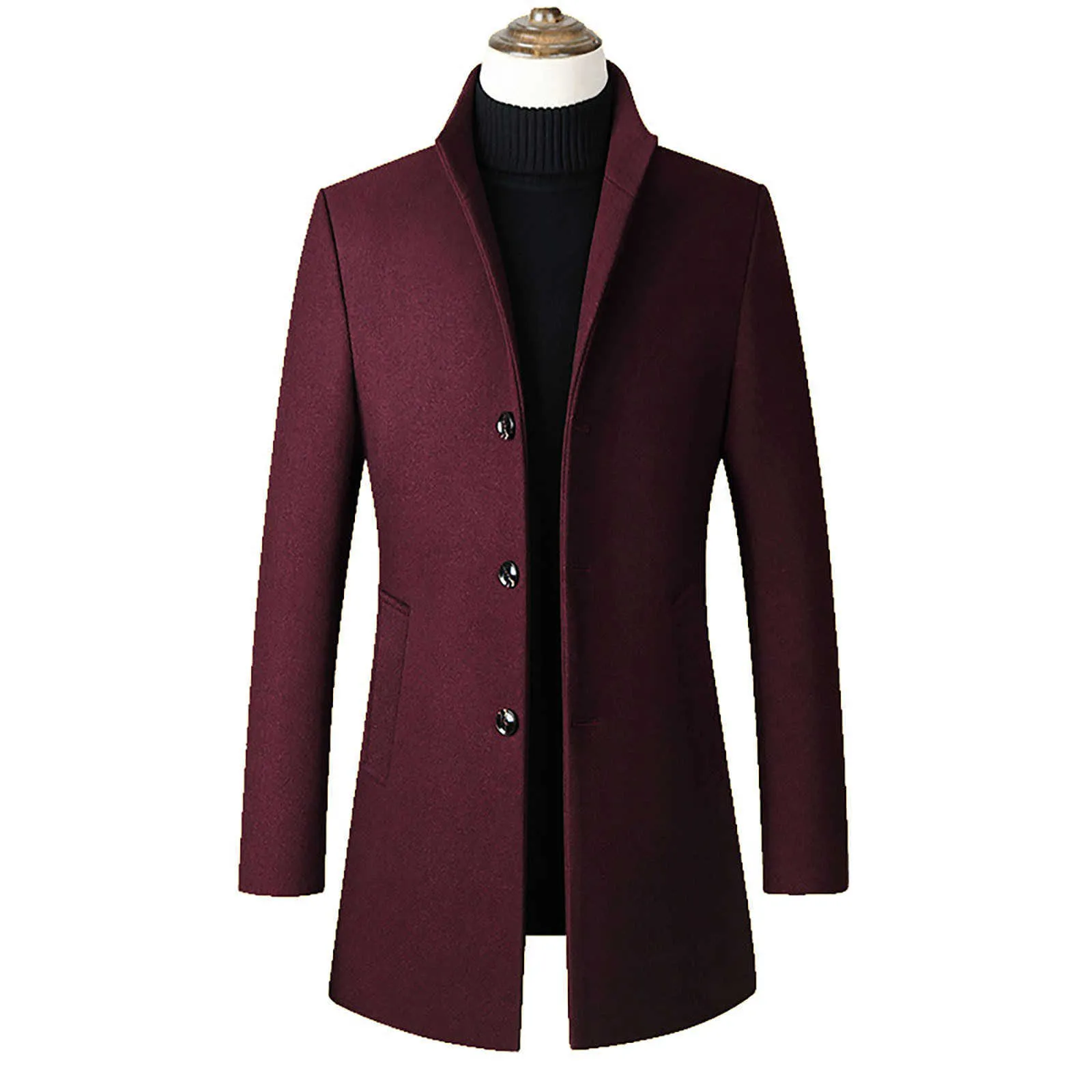 Män Mid-Length Slim-Fit Woolen Coat With Stand-Collar Solid Färg Woolen Coat Casual Solid Coat för Män Jacka För Men Stil X0621