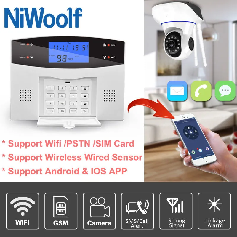 Tuya WiFi GSM-system med 433MHz Trådlöst / Wired Sensor Smart Hem Pstn Alarm Russian, Spanska, Frankrike, Italienska, Engelska Voice