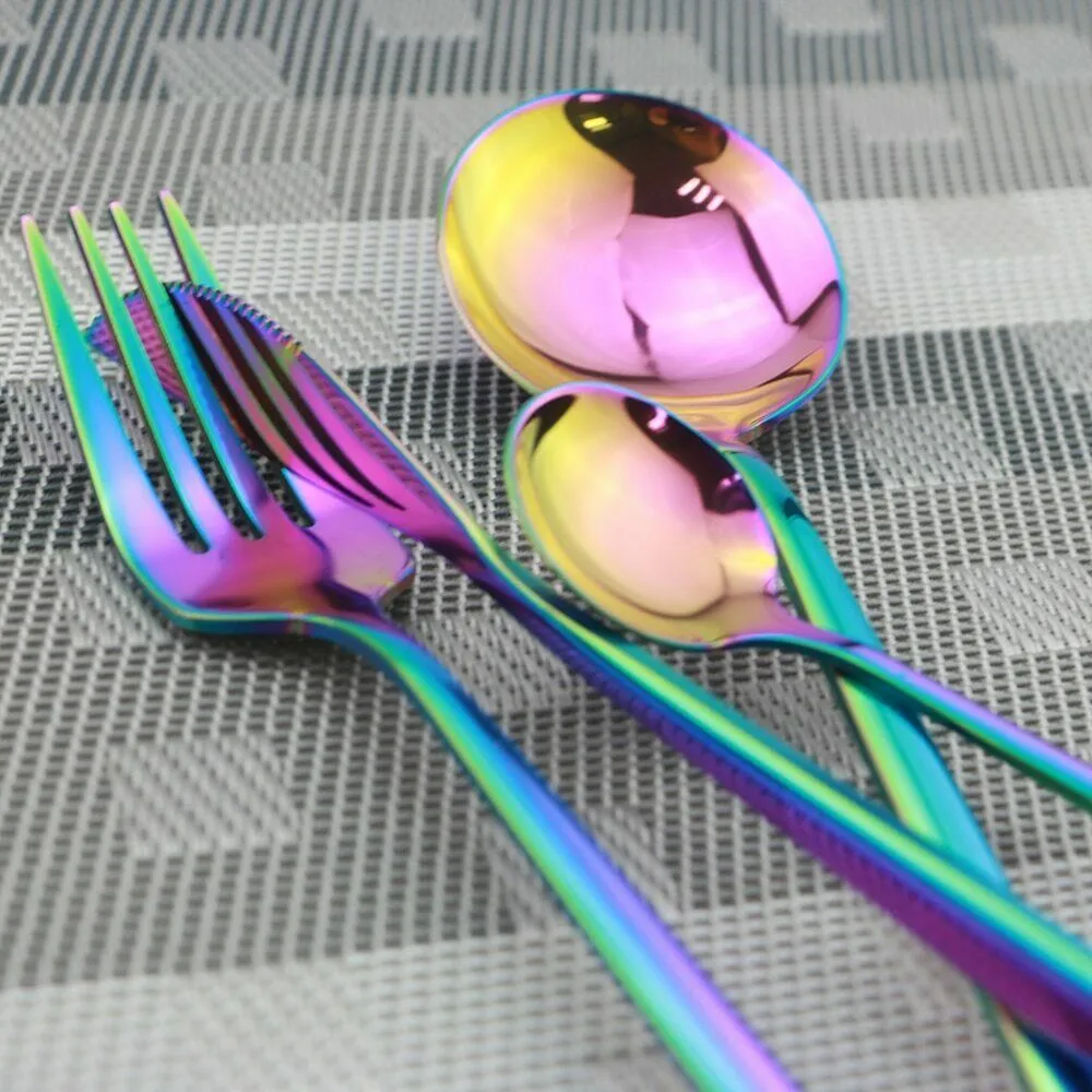Colorful Dinnerware Stainless Steel 8/16/Cutlery Rainbow Kitchen Tableware Dinner Set Knife Fork Spoon Silverware 210318