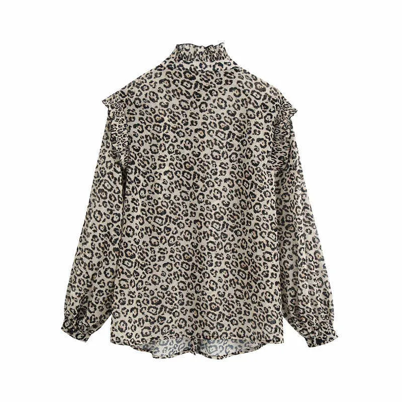 Za Semi-sheer Animal Print Vintage Shirt Women Ruffle Leopard Blouse High Collar Long Sleeve Female Harajuku Top 210602