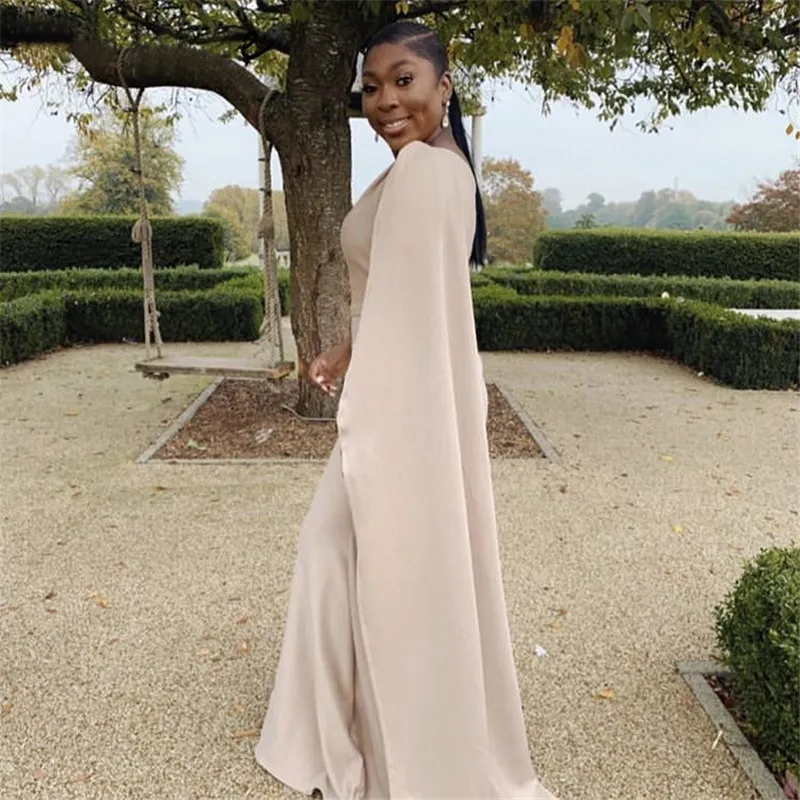 Champagne Bridesmaid Dresses With Cape African Special One Shoulder Floor Length Mermaid Satin Wedding Party Prom Dress 254l
