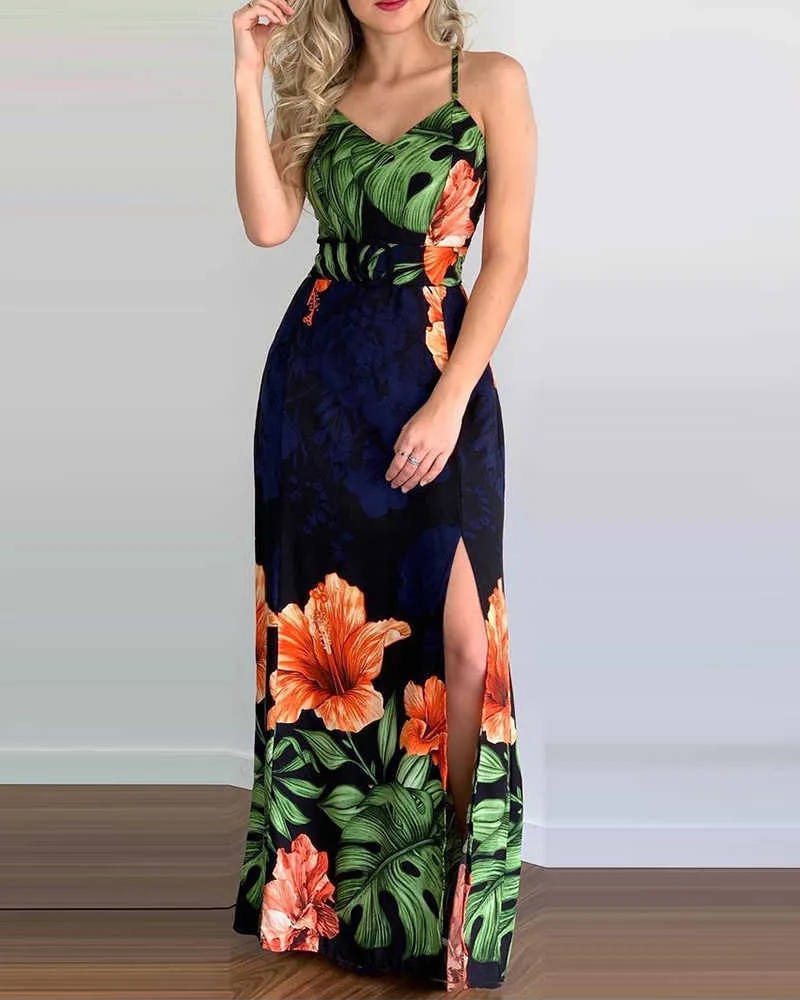 Summer Sexy Wakacje Dress Kobiety Elegancka Sukienka Tropikalna Drukuj Wysokie Szczur Crisscross Backless Maxi Dress Y1006