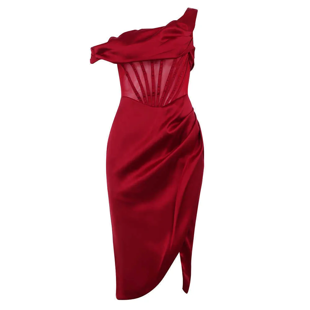 Swtao Donna Sexy Off spalla Raso spesso drappeggiato Vestito aderente rosso Inverno Elegante Club Prom Celebrity Party Vestido 210527