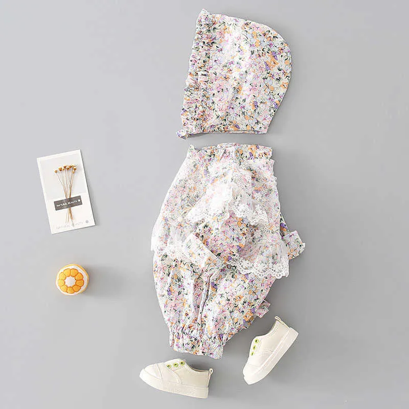 Bear líder meninas meninas flores macacão moda de manga cheia de lace bodysuits criança roupas de bebê com chapéus para 0-24m 210708